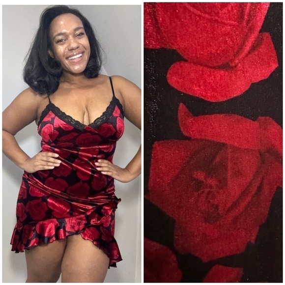 Vintage Hot Kiss red velvet mini dress whimsigoth roses lace lingerie V Day Y2K - Picture 1 of 12